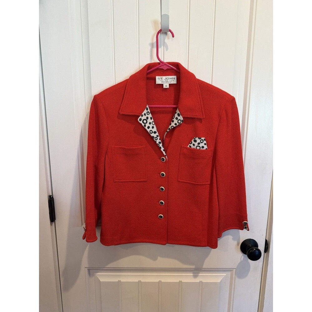 St John Collection Marie Gray Red Santana Knit Jacket Animal Print Size 12